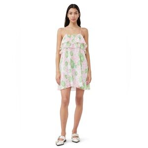 Ganni Pleated Georgette Dress Pink Green Flowy Mini Womens Size EU 36 US 4